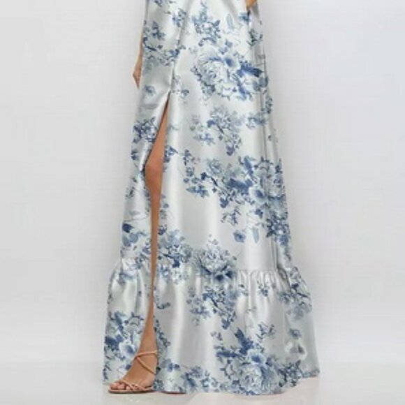 Alfred Sung Cottage Rose Floral Strapless Bustier Satin Gown 3152FP - Picture 4 of 6